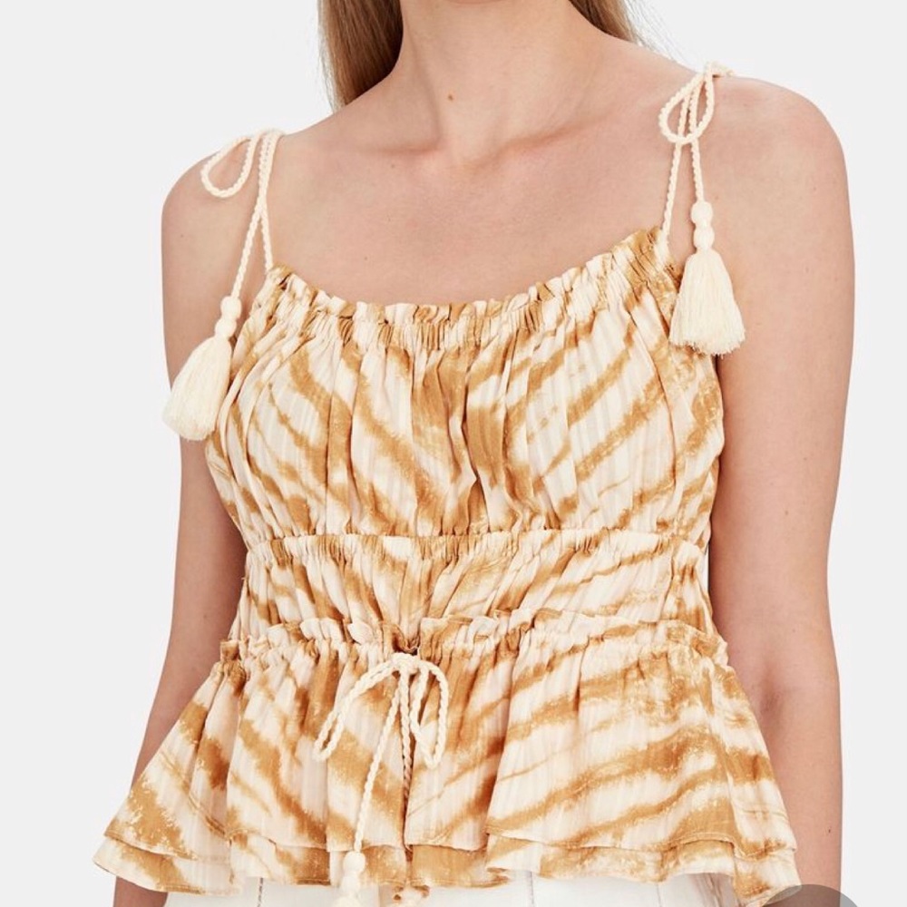 Ulla Johnson Cream and Tan Tie-Dye Ruffle Peplum Tank